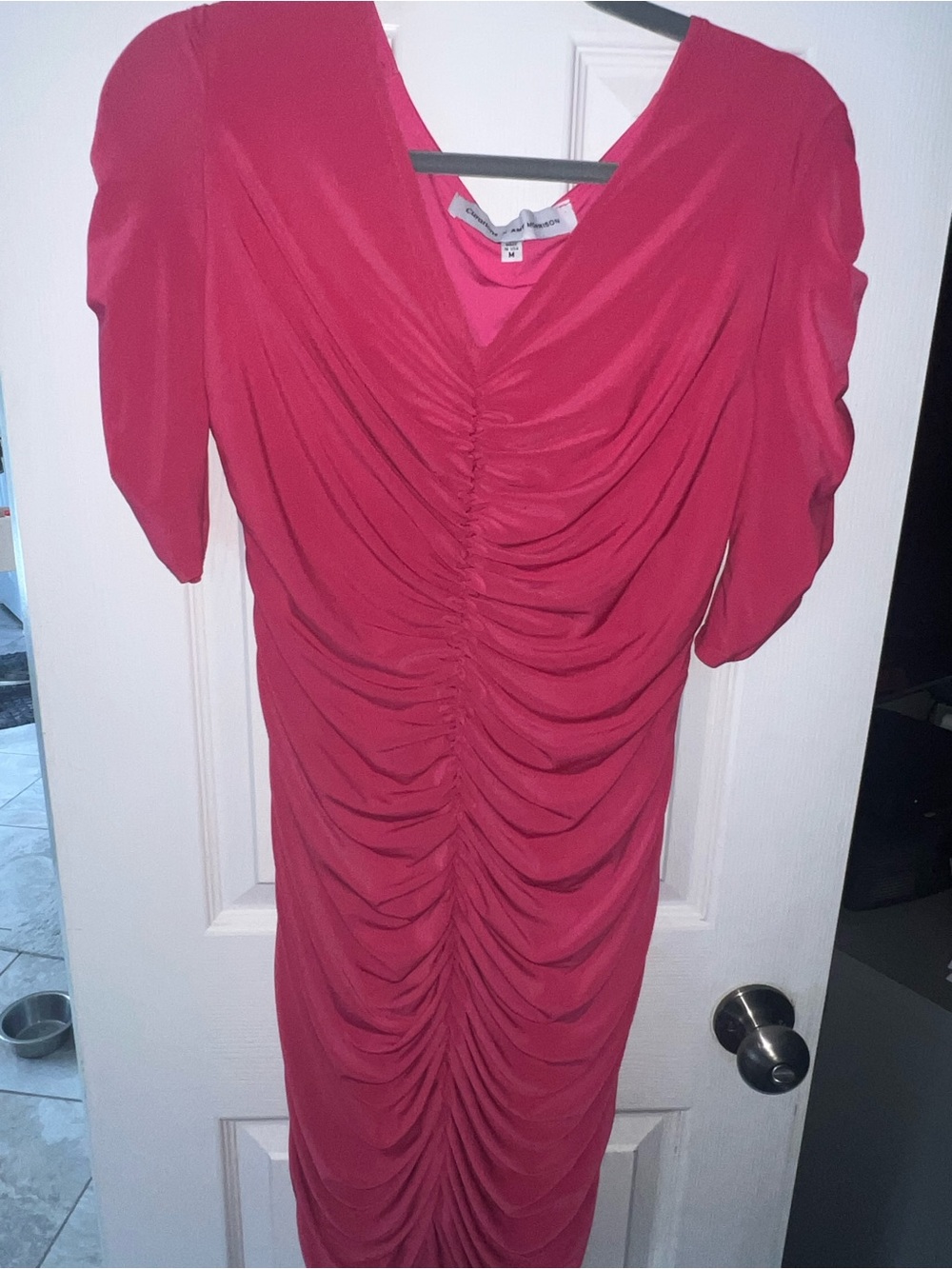Ruched V-Neck Midi Dress in Fuchsia.